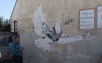 Auf dem Foto sieht man eine Hauswand, auf der eine weiße Taube abgebildet ist.
