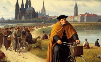 Auf dem Bild sieht man Martin Luther auf dem Fahrrad fahren. Das Bild wurde mit künstlicher Intelligenz erzeugt.