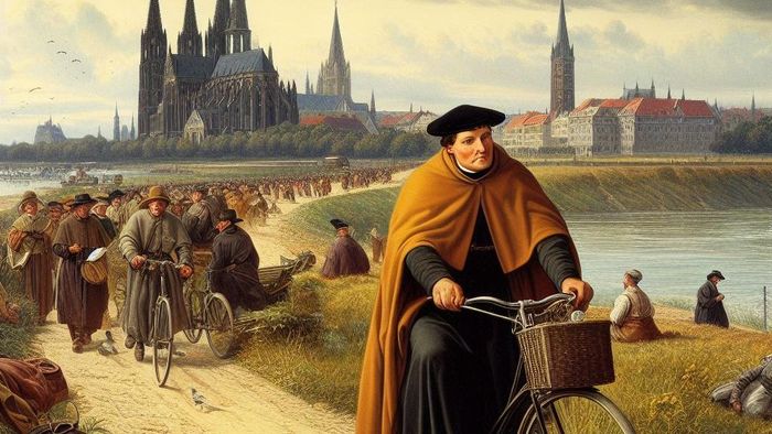 Auf dem Bild sieht man Martin Luther auf dem Fahrrad fahren. Das Bild wurde mit künstlicher Intelligenz erzeugt.