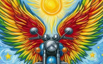 Auf dem Bild sieht man ein Motorrad mi Flügeln, im Hintergrund eine Sonne. Das Bild wurde mit dem Programm Bing erstellt.